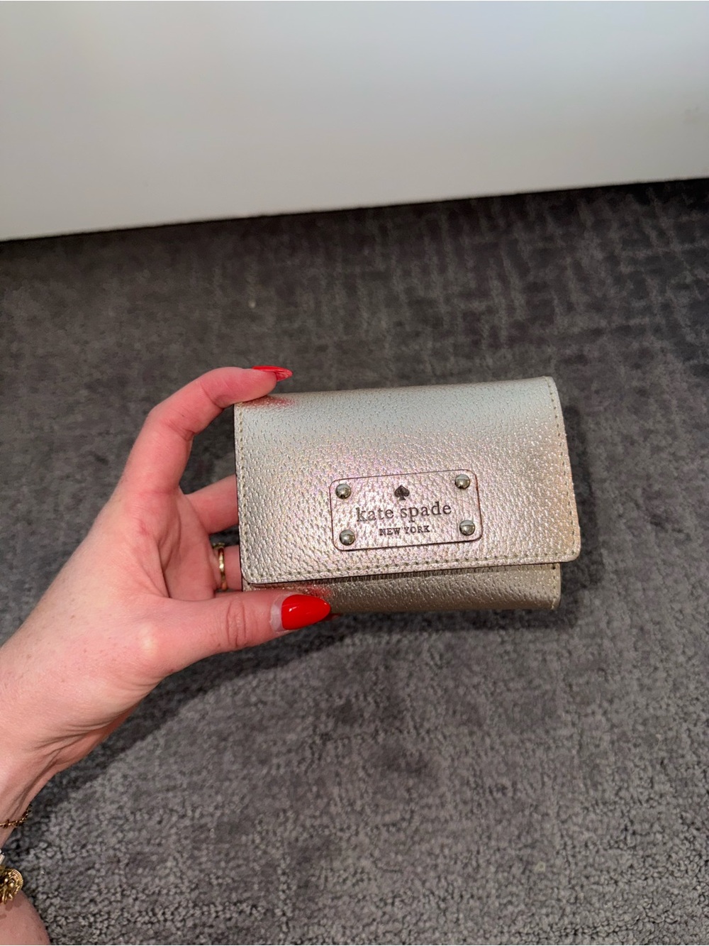 kate spade silver pebbled leather compact wallet